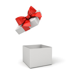 Open gift box or blank present box with red ribbon bow isolated over white background with shadows 3D rendering