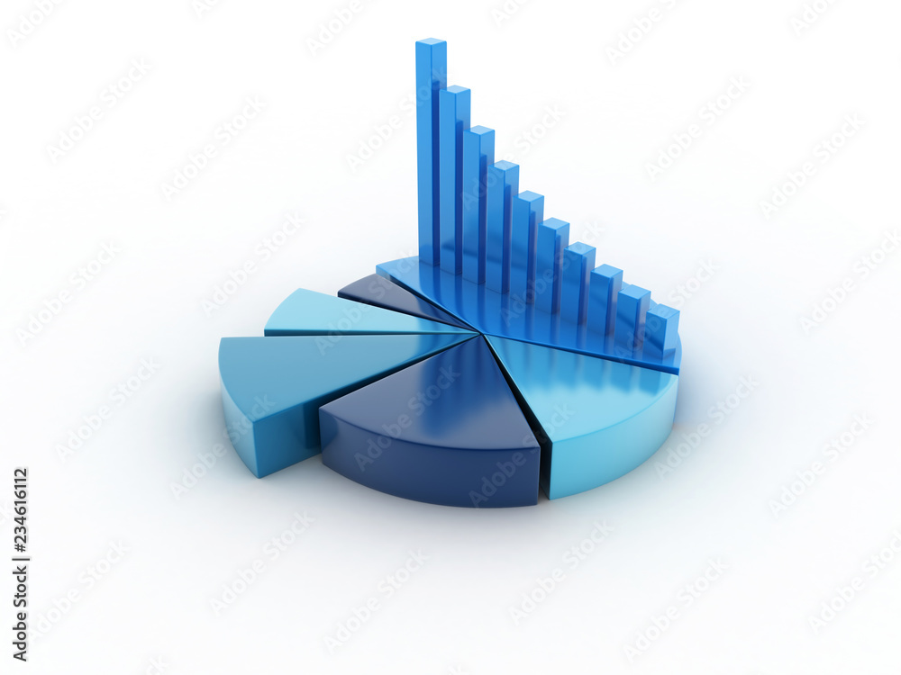 Poster 3d rendered pie chart graph with up arrow isolated on white background