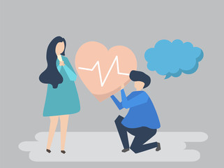 Guy holding a beating heart for a woman illustration