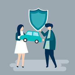 Characters of a couple holding a car and shield illustration