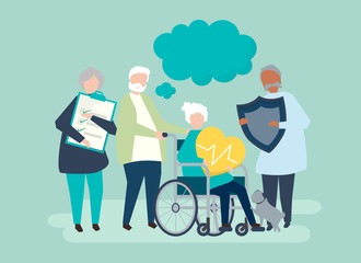 Characters of senior people holding healthcare icons illustration