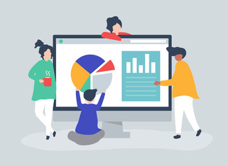 Characters of people analyzing graphs and diagrams illustration