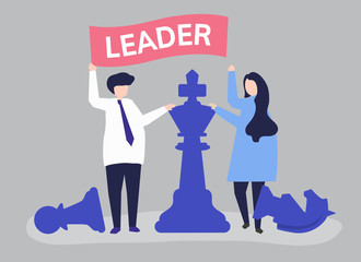 Business people with leadership flag and giant chess pieces