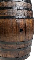 Wooden barrel with iron rings. Isolated on white background.