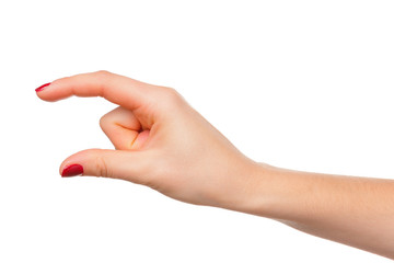 Female manicured hand measuring invisible items, woman's palm making gesture