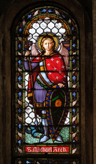 Saint Michael the Archangel, stained glass window in the San Michele in Foro church in Lucca, Tuscany, Italy 