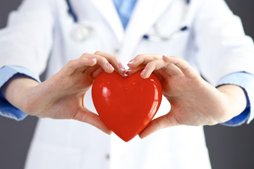 Female doctor with stethoscope holding heart in her arms. Healthcare and cardiology concept  in...