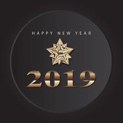 Happy new year 2019 greeting card or poster template flyer or invitation design. With elegant gold ribbin or gift bow and text.Vector Illustration.