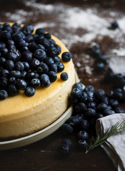 Closeup of a cheesecake decorated with blueberries