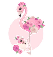 Pink flamingo with floral elements vector illustration