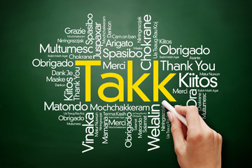 Takk (Thank You in Icelandic) Word Cloud on blackboard, all languages
