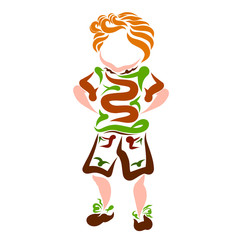 Funny boy hides his hands behind his back, creative colorful pattern