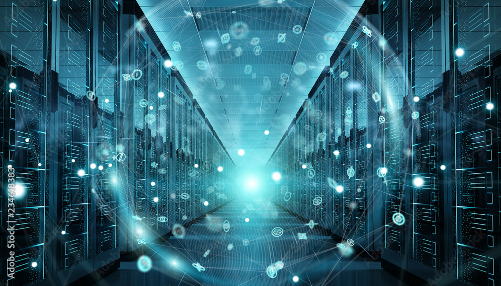 Wall mural earth network flying over server room data center 3d rendering