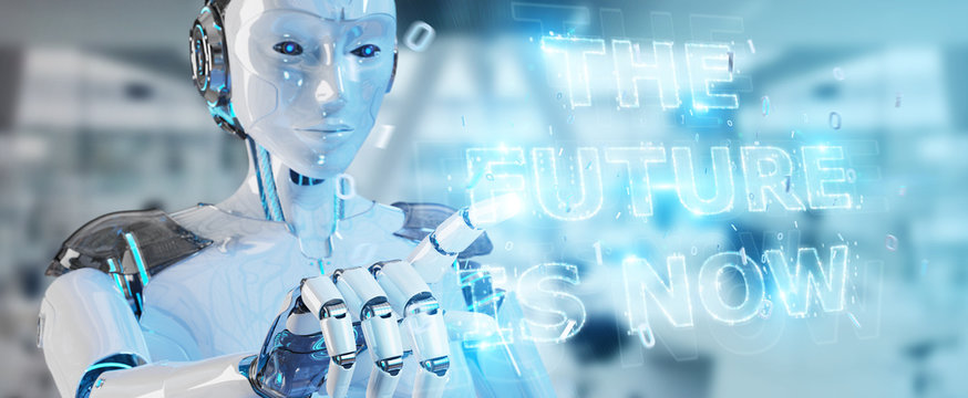 White cyborg woman using future decision text interface 3D rendering