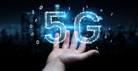 Businessman using 5G network digital hologram 3D rendering