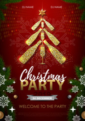 Christmas party poster with golden champagne glass. Golden Christmas tree on red background