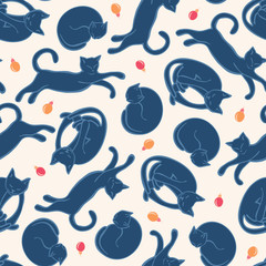 Funny cartoon cute blue cats. Seamless pattern with sleeping and playing kittens on white background. Winter texture with Christmas ornaments.