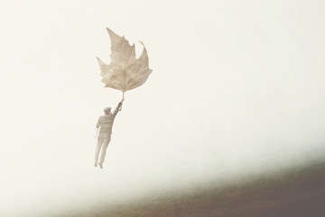 man flying with a big leaf in the sky - obrazy, fototapety, plakaty