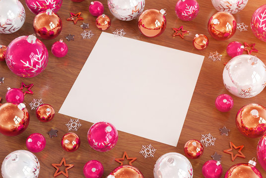 Christmas card mockup with pink baubles 3D rendering