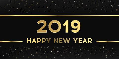 2019 happy new year horizontal banner, black gold ribbon on background with stars