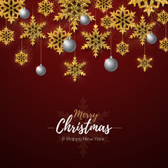 Fototapeta na wymiar Christmas poster with golden snowflakes. Christmas greeting card