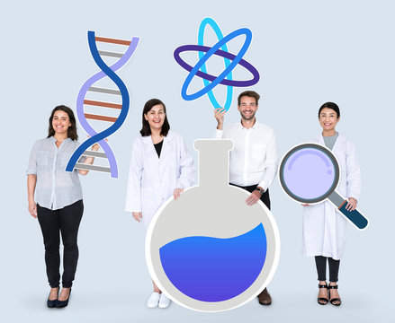 Diverse people holding genetic testing icons - Powered by Adobe