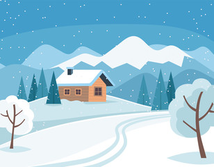 Fototapeta na wymiar White snowy winter landscape with cute country house and mountains and trees. Vector illustration in flat style.