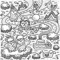 Antarctic penguins and seal. Cute hand-drawn doodle drawing. Coloring page for children. Vector illustration.