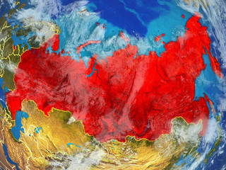 Russia from space on model of planet Earth with country borders. Extremely fine detail of planet surface and clouds.