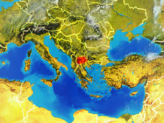Macedonia from space on model of planet Earth with country borders. Extremely fine detail of planet surface and clouds.