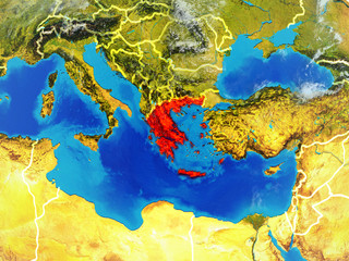 Greece from space on model of planet Earth with country borders. Extremely fine detail of planet surface and clouds.