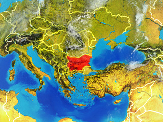 Bulgaria from space on model of planet Earth with country borders. Extremely fine detail of planet surface and clouds.