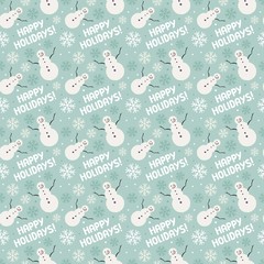 Seamless winter pattern with snowmen and snowflakes.