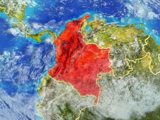 Colombia from space on model of planet Earth with country borders. Extremely fine detail of planet surface and clouds.