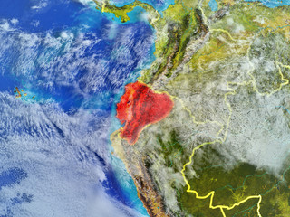 Ecuador from space on model of planet Earth with country borders. Extremely fine detail of planet surface and clouds.