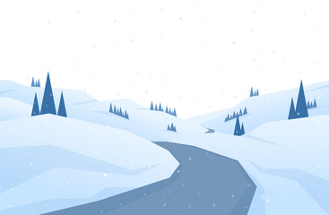 Winter snowy flat landscape with road, hills and pines. Christmas background.