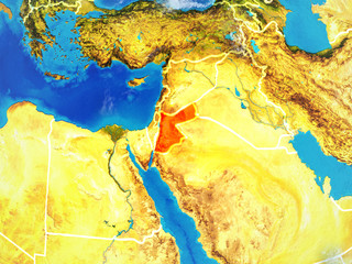 Jordan from space on model of planet Earth with country borders. Extremely fine detail of planet surface and clouds.