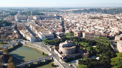 Aerial drone view of iconic Castel Sant'Angelo (castle of Holy Angel) and Ponte or bridge...