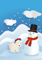 Bear wearing red hat with snowman wearing red bandana and black hat with white cloud and snow falling on blue background