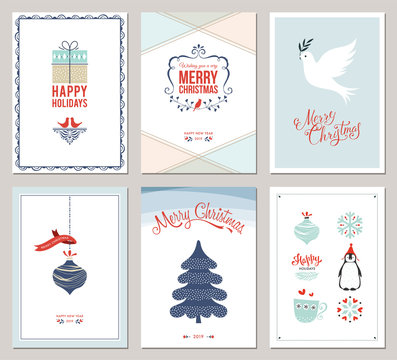 Merry Christmas and Happy Holidays cards set with New Year tree, gift box, dove,  ornaments and  decorative snowflakes. 