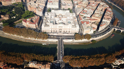 Aerial drone bird's eye panoramic view of famous Cavour square and iconic neoclassic building of Supreme Court of Cassation (Italian: Corte Suprema di Cassazione), Rome, Italy