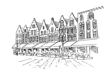 Vector sketch of Traditional architecture in the town of Bruges (Brugge), Belgium