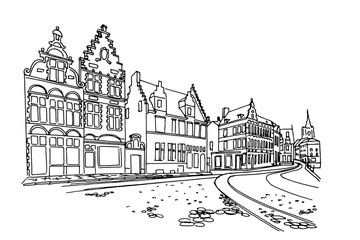 Fototapeta premium Vector sketch of Traditional architecture in the town of Ghent, Belgium