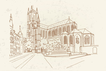 Vector sketch of  the Saint Bavo Cathedral (Sint-Baafs Cathedral) in Ghent, Belgium.