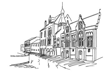 Vector sketch of old Brewery building in Bruges, Belgium.