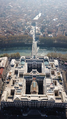 Naklejka premium Aerial drone bird's eye panoramic view of famous Cavour square and iconic neoclassic building of Supreme Court of Cassation (Italian: Corte Suprema di Cassazione), Rome, Italy