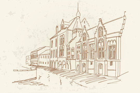 Vector sketch of old Brewery building in Bruges, Belgium.