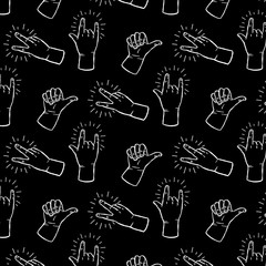 Peace sign, rock n roll hands gestures - black and white seamless pattern	