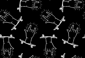 Peace sign, rock n roll hands and shaka hands skateboarding gestures - black seamless pattern