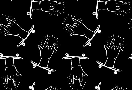 Peace sign, rock n roll hands and shaka hands skateboarding gestures - black seamless pattern